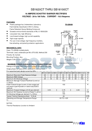 SB1680CT datasheet - 16 AMPERE SCHOTTKY BARRIER RECTIFIERS(VOLTAGE - 20 to 100 Volts CURRENT - 16.0 Amperes)