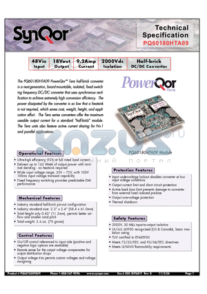 PQ60180HTA09PKF datasheet - Half-brick DC/DC Converter
