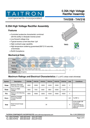 THV308 datasheet - 0.35A High Voltage Rectifier Assembly
