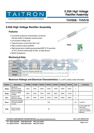 THV512 datasheet - 0.55A High Voltage Rectifier Assembly