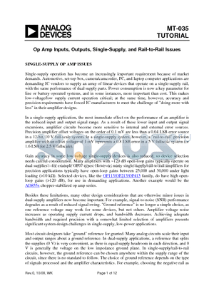 MT-035 datasheet - Op Amp Inputs, Outputs, Single-Supply, and Rail-to-Rail Issues