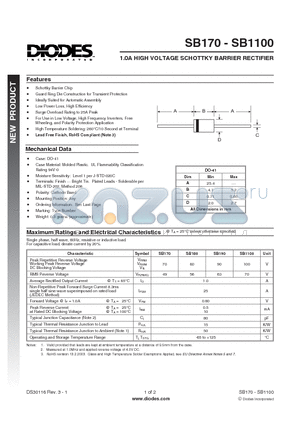 SB170-T datasheet - 1.0A HIGH VOLTAGE SCHOTTKY BARRIER RECTIFIER