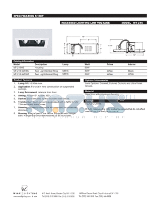 MT-216-WT/BK datasheet - RECESSED LIGHTING LOW VOLTAGE