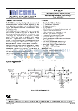 MIC2526 datasheet - Dual USB Power Control Switch Not Recommended for New Designs