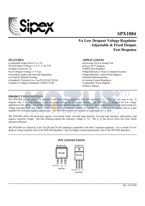 SPX1084AT datasheet - 5A Low Dropout Voltage Regulator Adjustable & Fixed Output, Fast Response