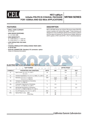 NR7800CP-BC-AZ datasheet - InGaAs PIN-PD IN COAXIAL PACKAGE FOR 155Mb/s AND 622 Mb/s APPLICATIONS