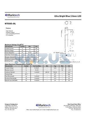 MT0363-BL datasheet - Ultra Bright Blue 2.9mm LED
