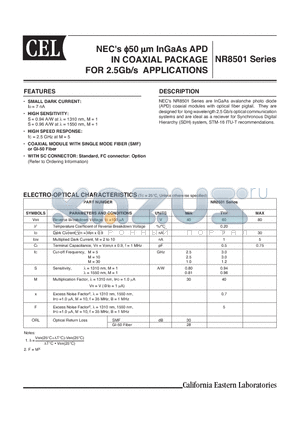 NR8501 datasheet - InGaAs APD IN COAXIAL PACKAGE FOR 2.5Gb/s APPLICATIONS