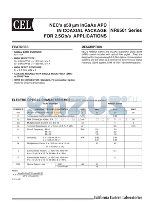 NR8501CR-CB-AZ datasheet - InGaAs APD IN COAXIAL PACKAGE FOR 2.5Gb/s APPLICATIONS