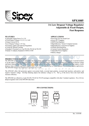 SPX1085T-3.3 datasheet - 3A Low Dropout Voltage Regulator Adjustable & Fixed Output, Fast Response