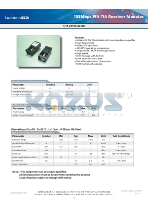 T-11-2315C-02 datasheet - 155Mbps PIN-TIA Receiver Modules