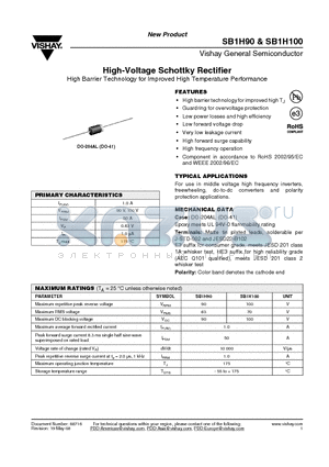 SB1H100HE3/73 datasheet - High-Voltage Schottky Rectifier High Barrier Technology for Improved High Temperature Performance