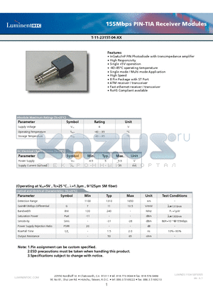 T-11-2315T-04-GR datasheet - 155Mbps PIN-TIA Receiver Modules