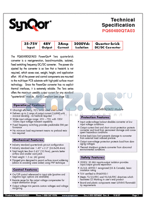 PQ60480QTA03NNS datasheet - Quarter-brick DC/DC Converter