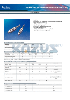 T-11-2500-D3-SLC datasheet - 2.5Gbps PIN-TIA Receiver Modules-ROSA(3.3V)