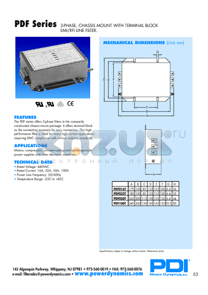 PDF016T datasheet - 3-PHASE, CHASSIS MOUNT WITH TERMINAL BLOCK EMI/RFI LINE FILTER.