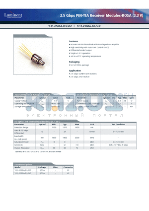 T-11-2500A-D3-SSC datasheet - 2.5 Gbps PIN-TIA Receiver Modules-ROSA (3.3 V)