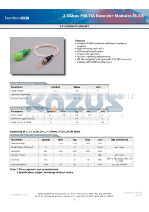 T-11-2500A-P3-SFC-APC datasheet - 2.5Gbps PIN-TIA Receiver Modules (3.3V)