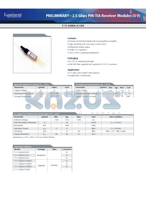 T-11-2500A-R-SSC datasheet - PRELIMINARY - 2.5 Gbps PIN-TIA Receiver Modules (5 V)