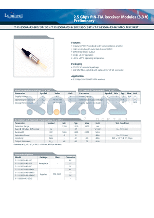 T-11-2500A-R3-SSC datasheet - 2.5 Gbps PIN-TIA Receiver Modules (3.3 V)