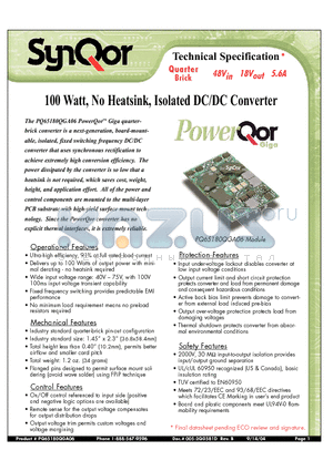 PQ65180QGA06PYS datasheet - 100 Watt, No Heatsink, Isolated DC/DC Converter