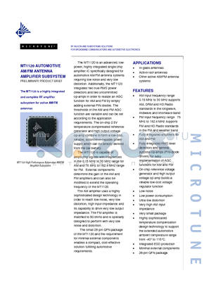 MT1120 datasheet - RF SILICON AND SUBSYSTEMS SOLUTIONS FOR BROADBAND COMMUNICATIONS AND AUTOMOTIVE ELECTRONICS