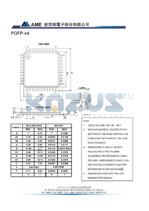 PQFP-44 datasheet - A : MIN - MAX 2.70   B : MIN 0.15 MAX 0.35