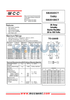 SB20100CT datasheet - 20 Amp Schottky Barrier Rectifier 20 to 100 Volts