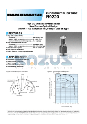 R9220 datasheet - PHOTOMULTIPLIER TUBE High QE Multialkali Photocathode New Electro-Optical Design