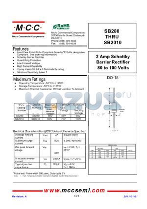 SB2010 datasheet - 2 Amp Schottky Barrier Rectifier 80 to 100 Volts
