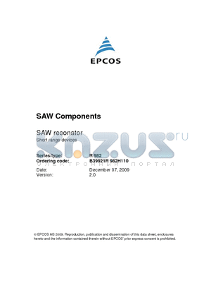 R982 datasheet - SAW Components SAW resonator Short range devices