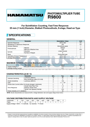 R9800 datasheet - For Scintillation Counting, Fast Time Response 25 mm (1 Inch) Diameter, Bialkali Photocathode, 8-stage, Head-on Type