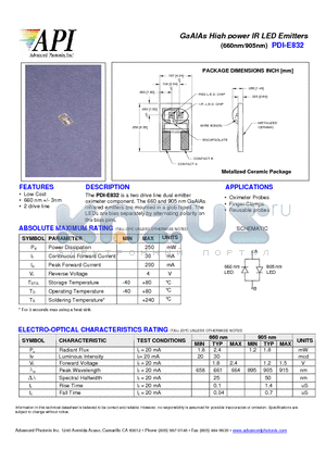 PDI-E832 datasheet - GaAlAs High power IR LED Emitters (660nm/905nm)