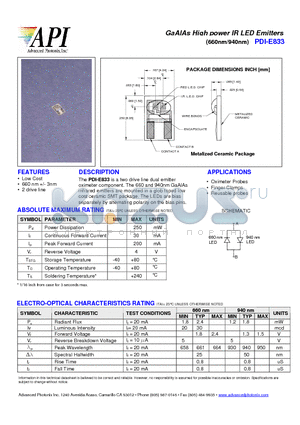 PDI-E833 datasheet - GaAlAs High power IR LED Emitters (660nm/940nm)