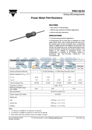 PR01 datasheet - Power Metal Film Resistors