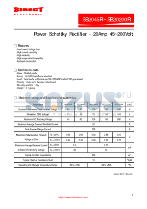 SB2045R datasheet - Power Schottky Rectifier - 20Amp 45~200Volt