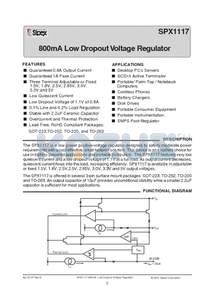 SPX1117T-L-2-5/TR datasheet - 800mA Low Dropout Voltage Regulator