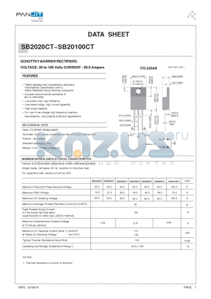 SB2060CT datasheet - SCHOTTKY BARRIER RECTIFIERS(VOLTAGE- 20 to 100 Volts CURRENT - 20.0 Ampere)