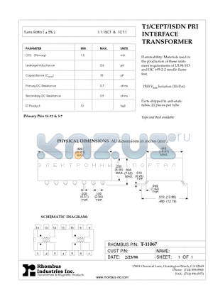 T-11067 datasheet - T1/CEPT/ISDN PRI INTERFACE TRANSFORMER