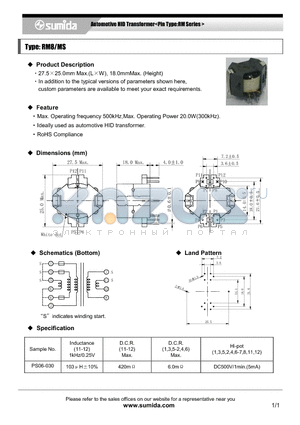 RM8 datasheet - Automotive HID Transformer