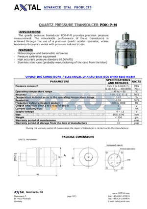 PDK-P-M datasheet - QUARTZ PRESSURE TRANSDUCER