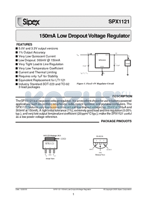 SPX1121M3-5-0 datasheet - 150mA Low Dropout Voltage Regulator