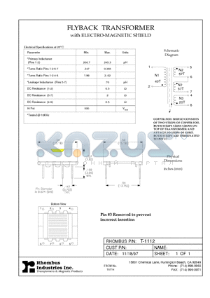 T-1112 datasheet - FLYBACK TRANSFORMER with ELECTRO-MAGNETIC SHIELD