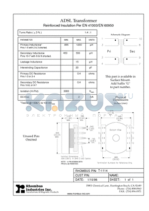 T-1114 datasheet - ADSL Transformer Reinforced Insulation Per EN 41003/EN 60950