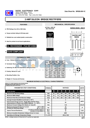 SB208 datasheet - 2 AMP SILICON BRIDGE RECTIFIERS