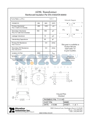 T-1114G datasheet - ADSL Transformer Reinforced Insulation Per EN 41003/EN 60950