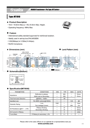 MT1910 datasheet - MODEM Transformer