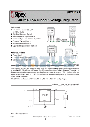 SPX1129M3-L-5-0 datasheet - 400mA Low Dropout Voltage Regulator