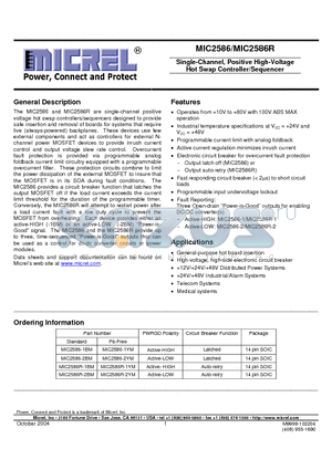 MIC2586R datasheet - Single-Channel, Positive High-Voltage Hot Swap Controller/Sequencer