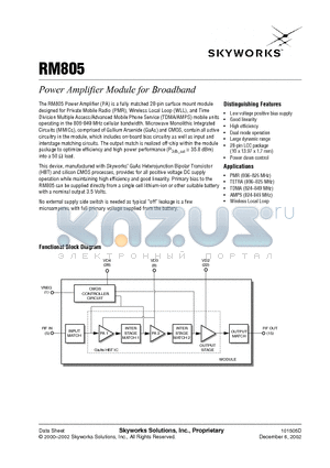 RM805 datasheet - POWER AMPLIFIER MODULE FOR BROADBAND
